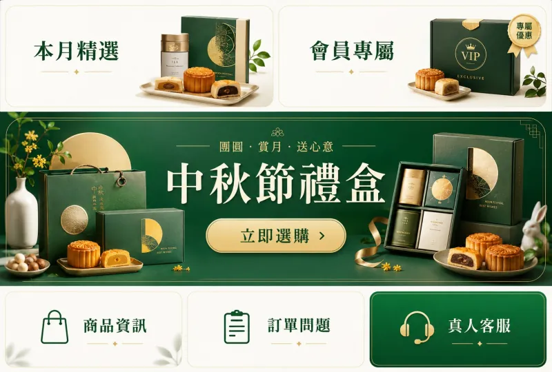 LINE 圖文選單示意：上排兩格「本月精選」「會員專屬」，中間一整排是中秋節禮盒的主視覺與「立即選購」按鈕，下排三格「商品資訊」「訂單問題」「真人客服」